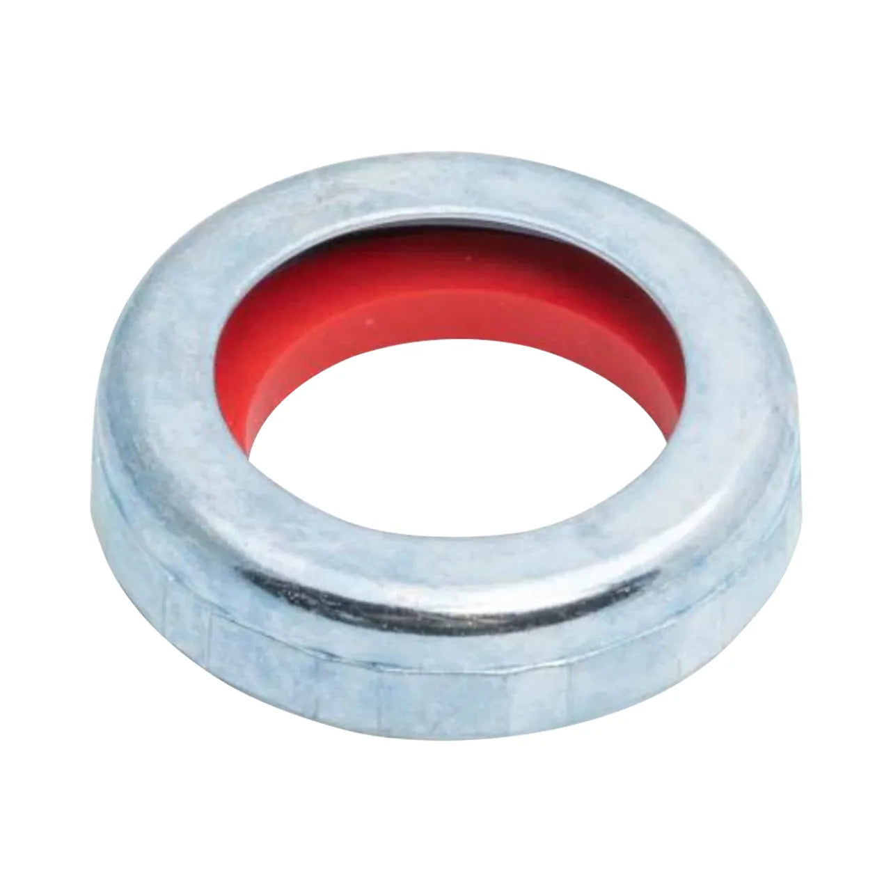 The Go Build 1-1/2 in. x 1-1/4 in. Zinc Slip-Joint Nut & Rubber Reducing Washer features a shiny silver finish and red inner ring, ideal for sink drain pipe installations with slip-joint nut connections, shown on a white background.